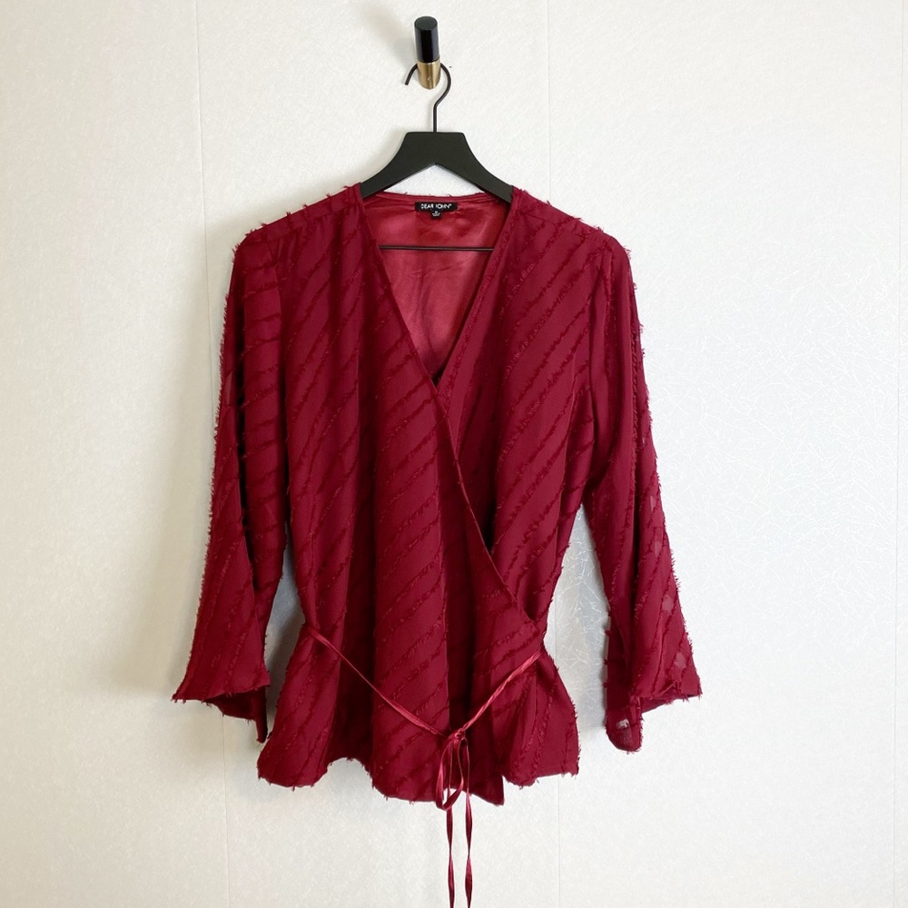 Dear John Rosalyn Wrap Blouse Brick Red V-Neck Bell Sleeve Top Eyelash Lace